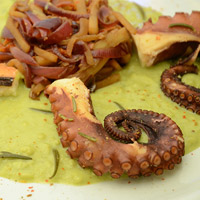 Polpo al rosmarino su crema di piselli e yogurt e tortino di verdure